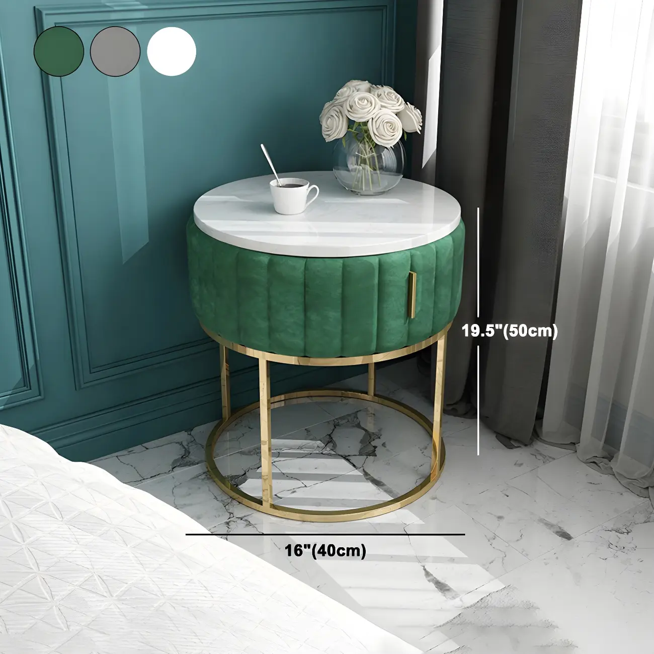 Luxury Green Bedside Table with Marble Top Drawers Storage Metal Leg #size | homeyfad