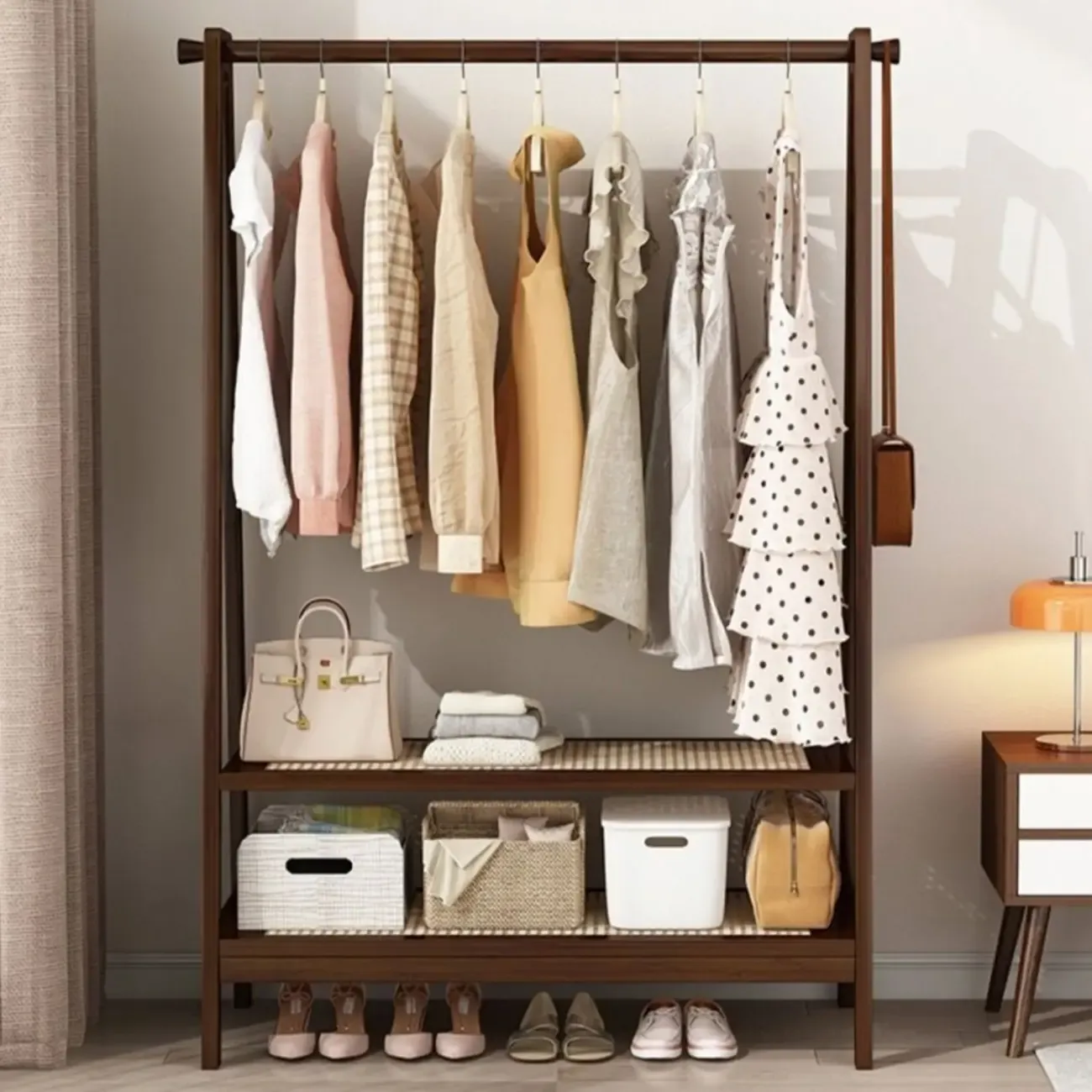 Modern Bamboo Coat Rack with Storage & Shelf Image - 7