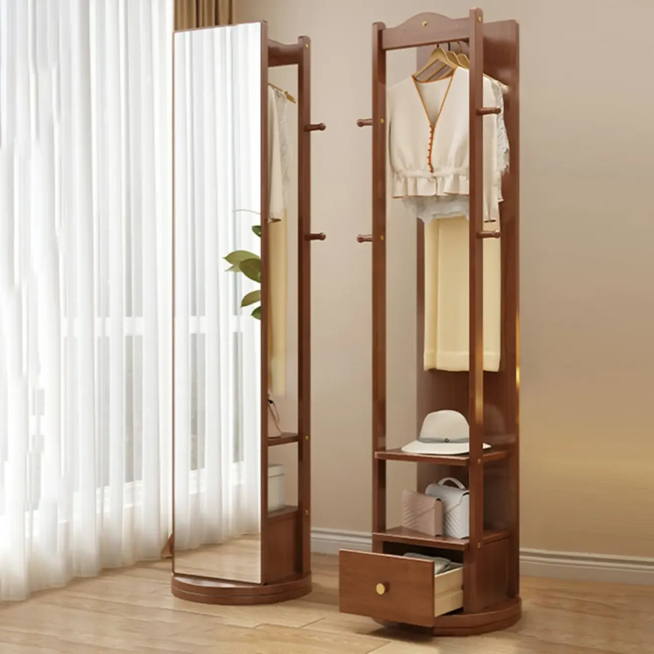 Modern Wooden Hall Tree with Mirror & Storage Image - 6