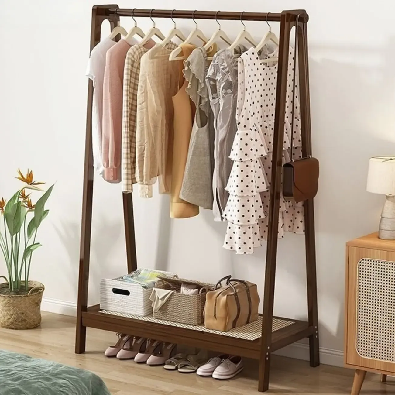 Modern Bamboo Coat Rack with Storage & Shelf Image - 8