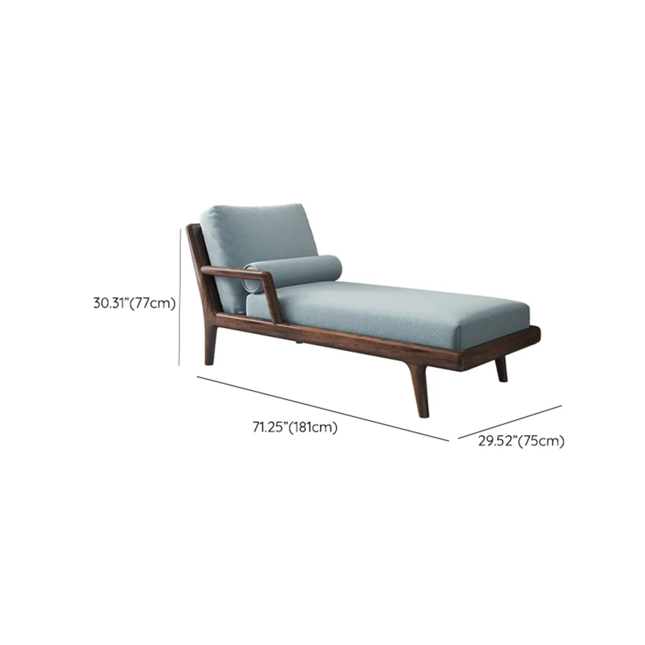 Solid Wood Flannel Blue Upholstered Chaise Lounge with Reclining Back and Pillow Set #size