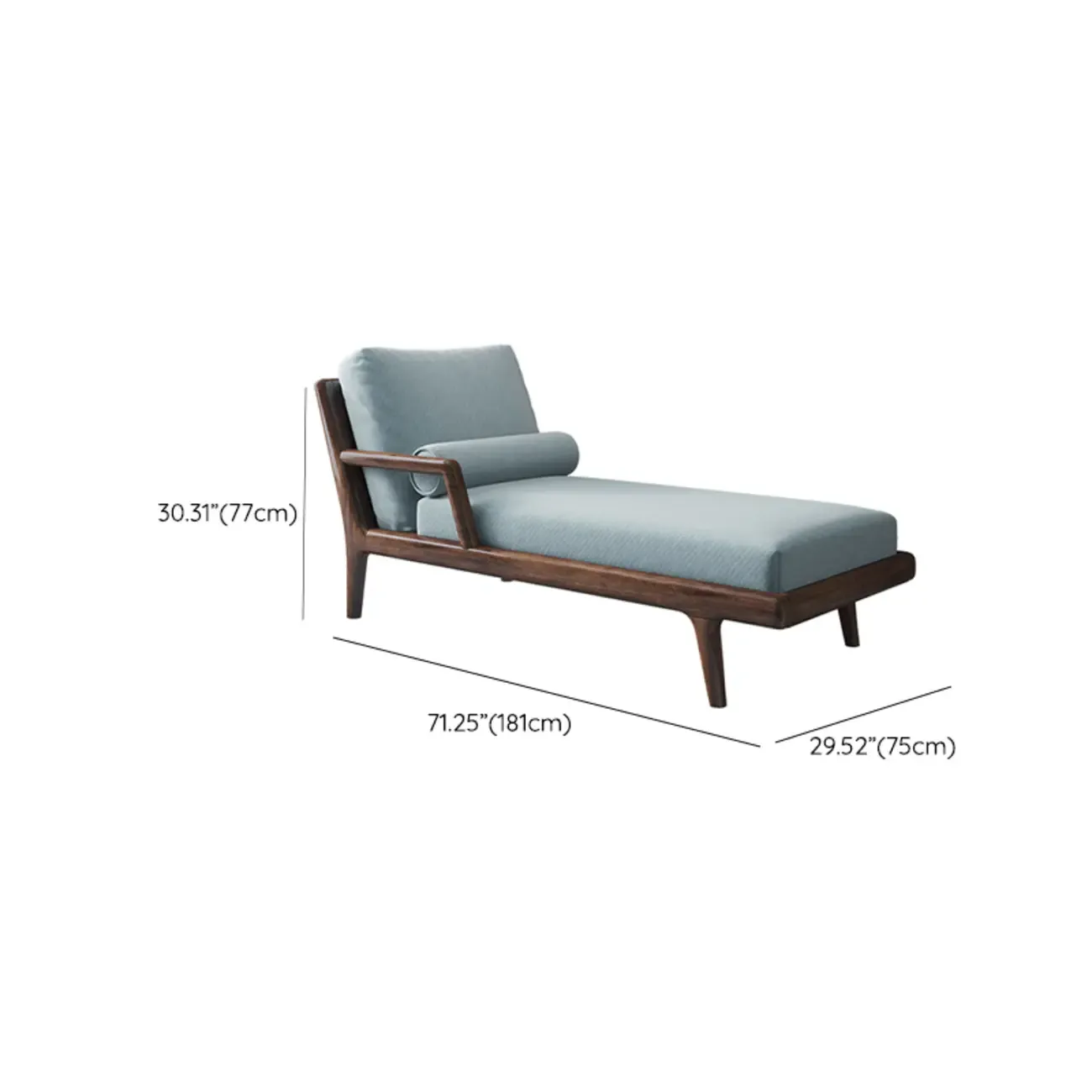 Solid Wood Flannel Blue Upholstered Chaise Lounge with Reclining Back and Pillow Set #size