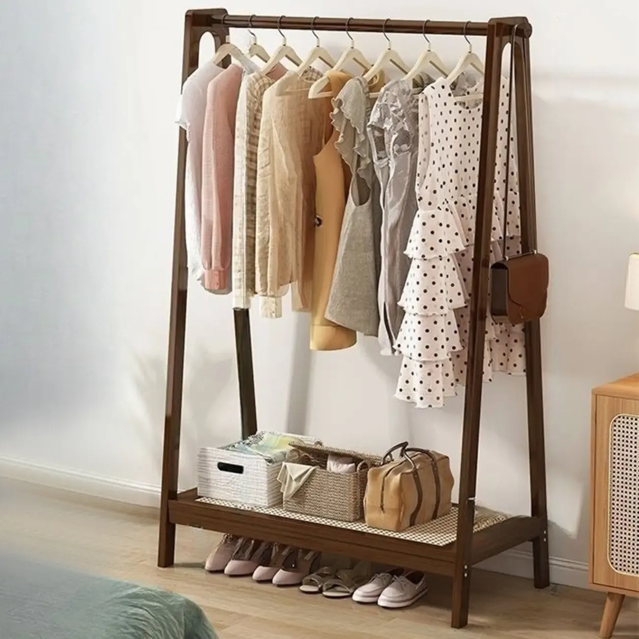 Modern Bamboo Coat Rack with Storage & Shelf Image - 10