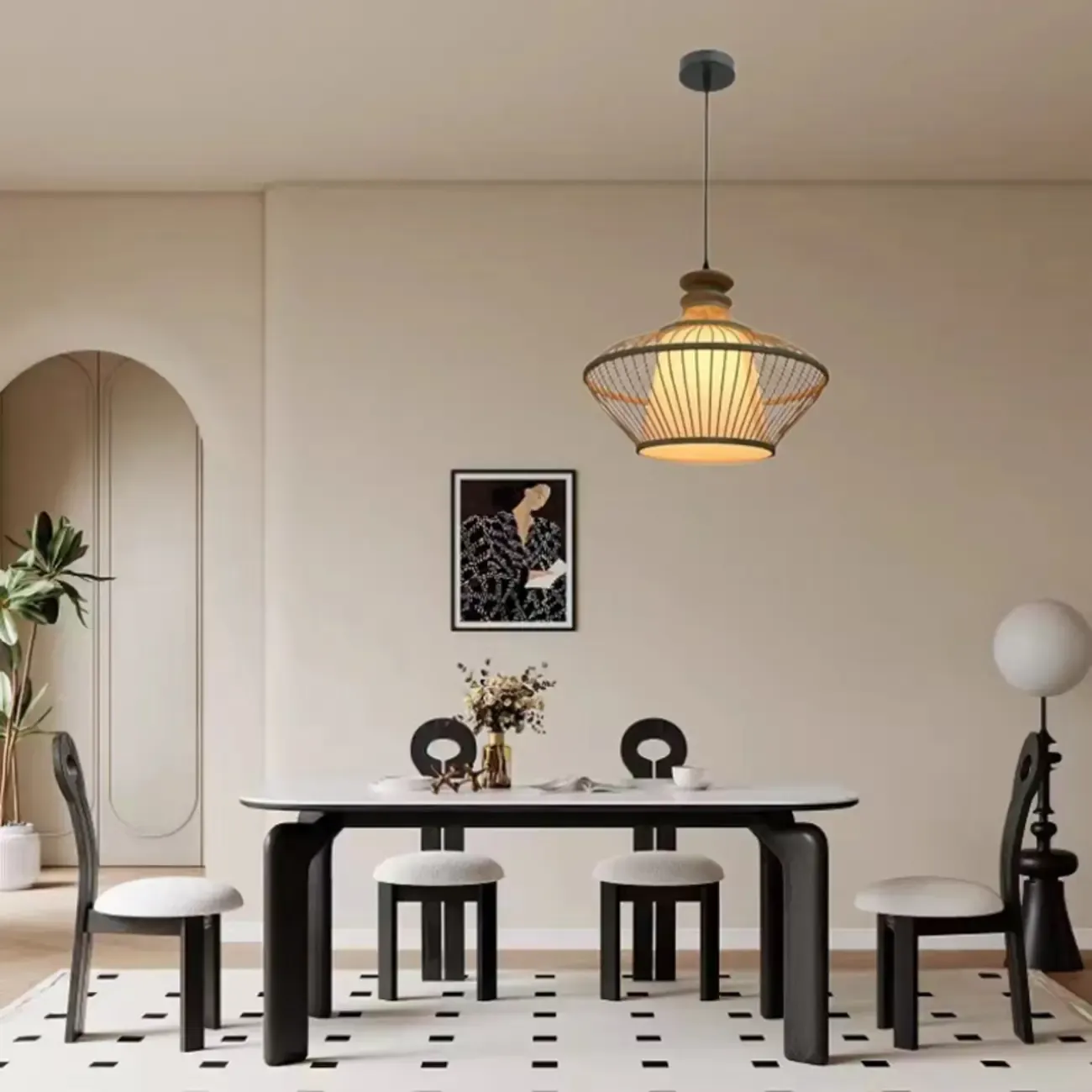 Countryside Rattan Style Cave Shade Pendant Light for Living Room Image - 3