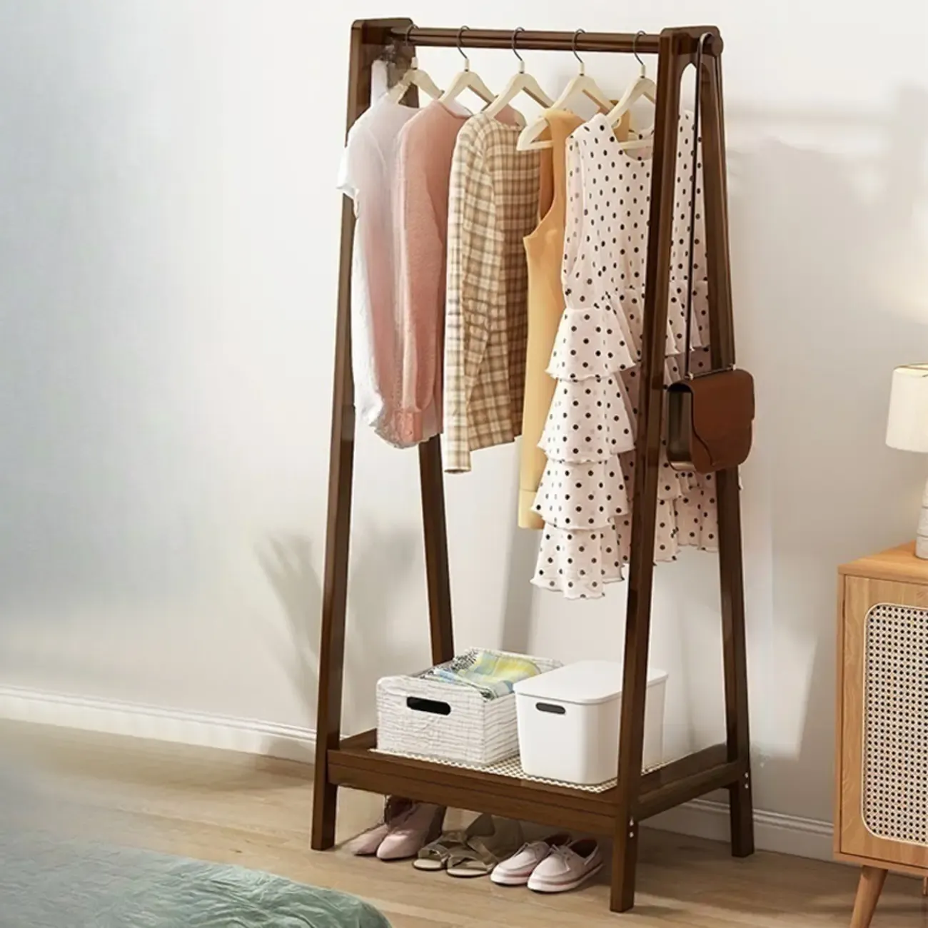 Modern Bamboo Coat Rack with Storage & Shelf Image - 14
