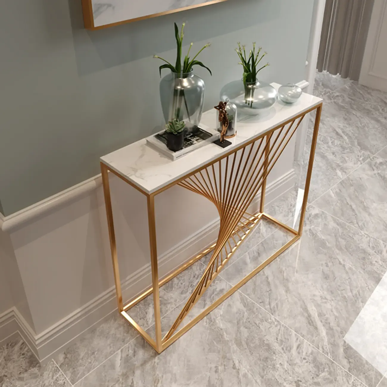 Modern Faux Marble Console Table with Gold Metal Base Image - 1