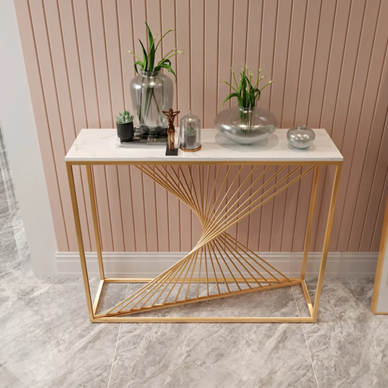 Modern Faux Marble Console Table with Gold Metal Base Image - 2 | homeyfad