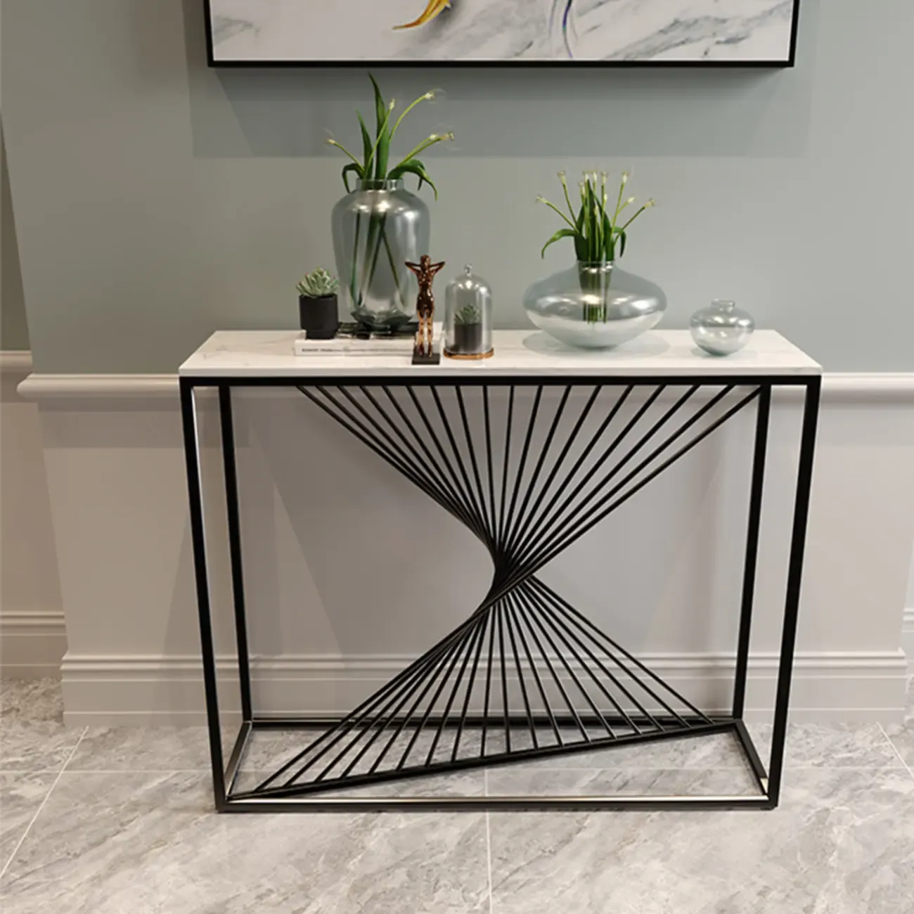 Modern Faux Marble Console Table with Gold Metal Base Image - 3