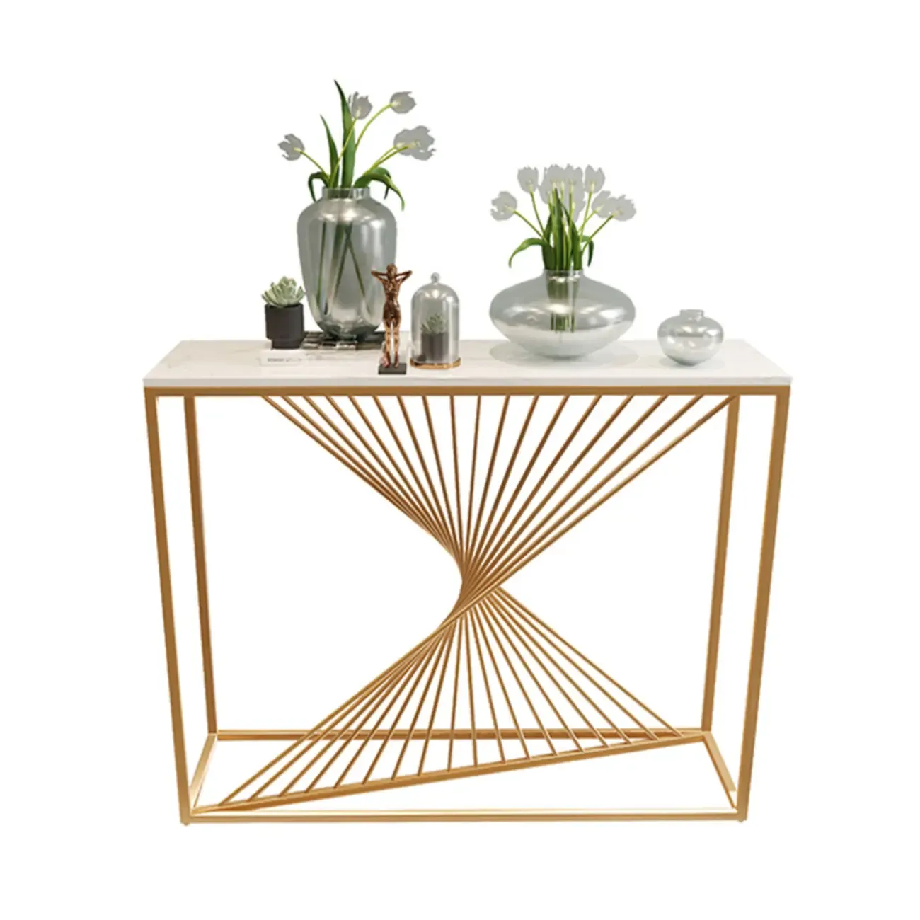 Modern Faux Marble Console Table with Gold Metal Base Image - 4