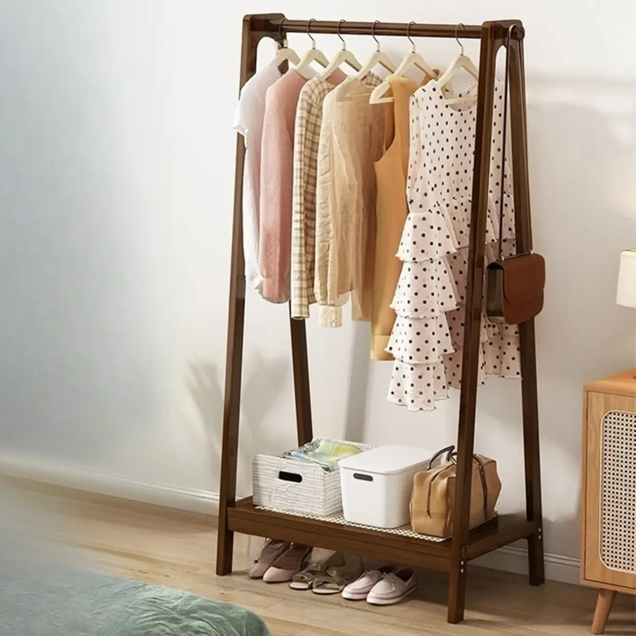Modern Bamboo Coat Rack with Storage & Shelf Image - 18