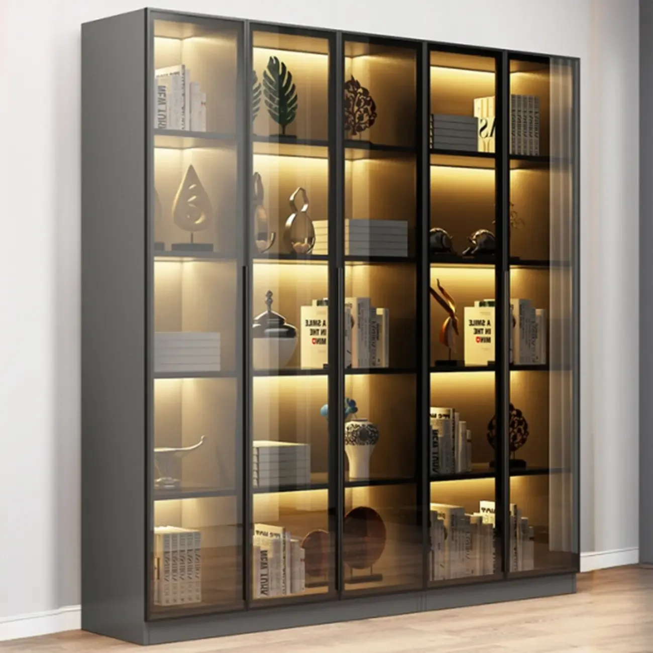 Modern Display Rack Bookshelf with Glass Doors and LED Lighting Image - 1