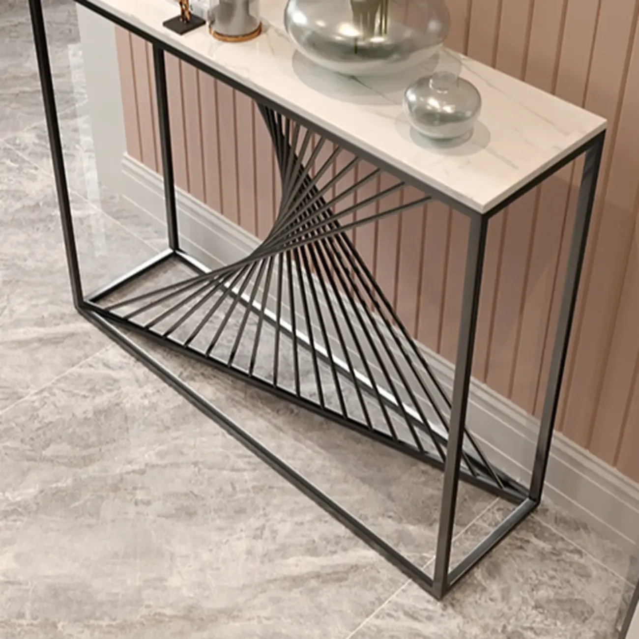 Modern Faux Marble Console Table with Gold Metal Base Image - 5