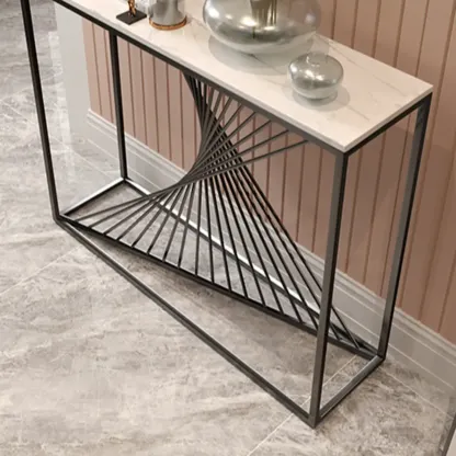 Modern Faux Marble Console Table with Gold Metal Base Image - 5