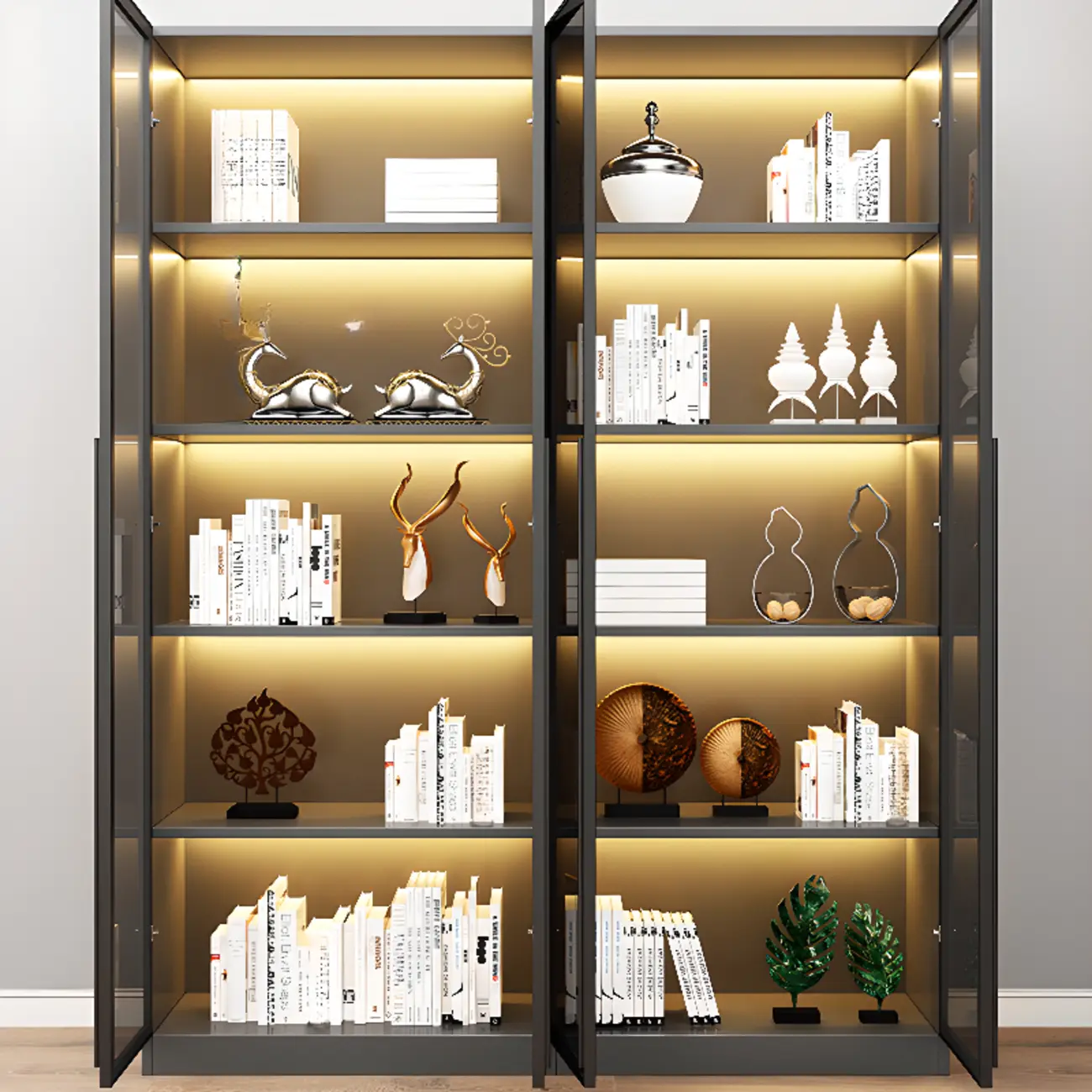 Modern Display Rack Bookshelf with Glass Doors and LED Lighting Image - 2 | homeyfad