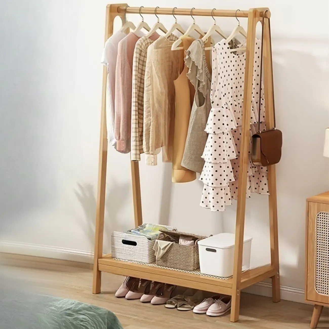 Modern Bamboo Coat Rack with Storage & Shelf Image - 19