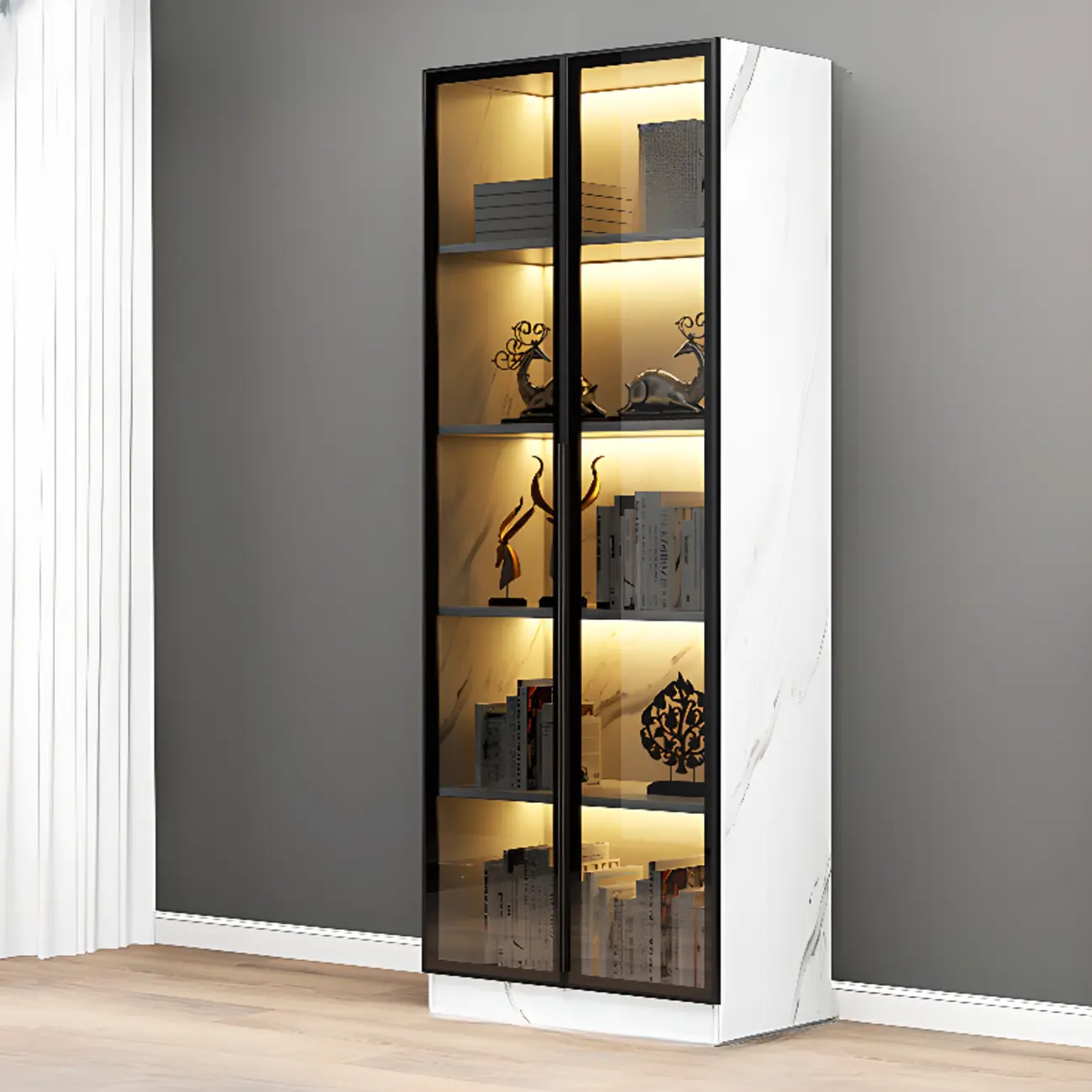 Modern Display Rack Bookshelf with Glass Doors and LED Lighting Image - 3 | homeyfad