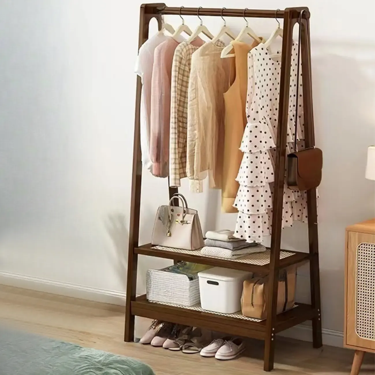 Modern Bamboo Coat Rack with Storage & Shelf Image - 21
