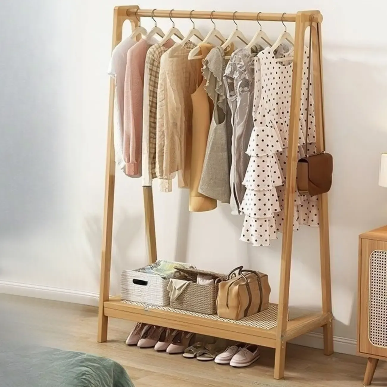 Modern Bamboo Coat Rack with Storage & Shelf Image - 22