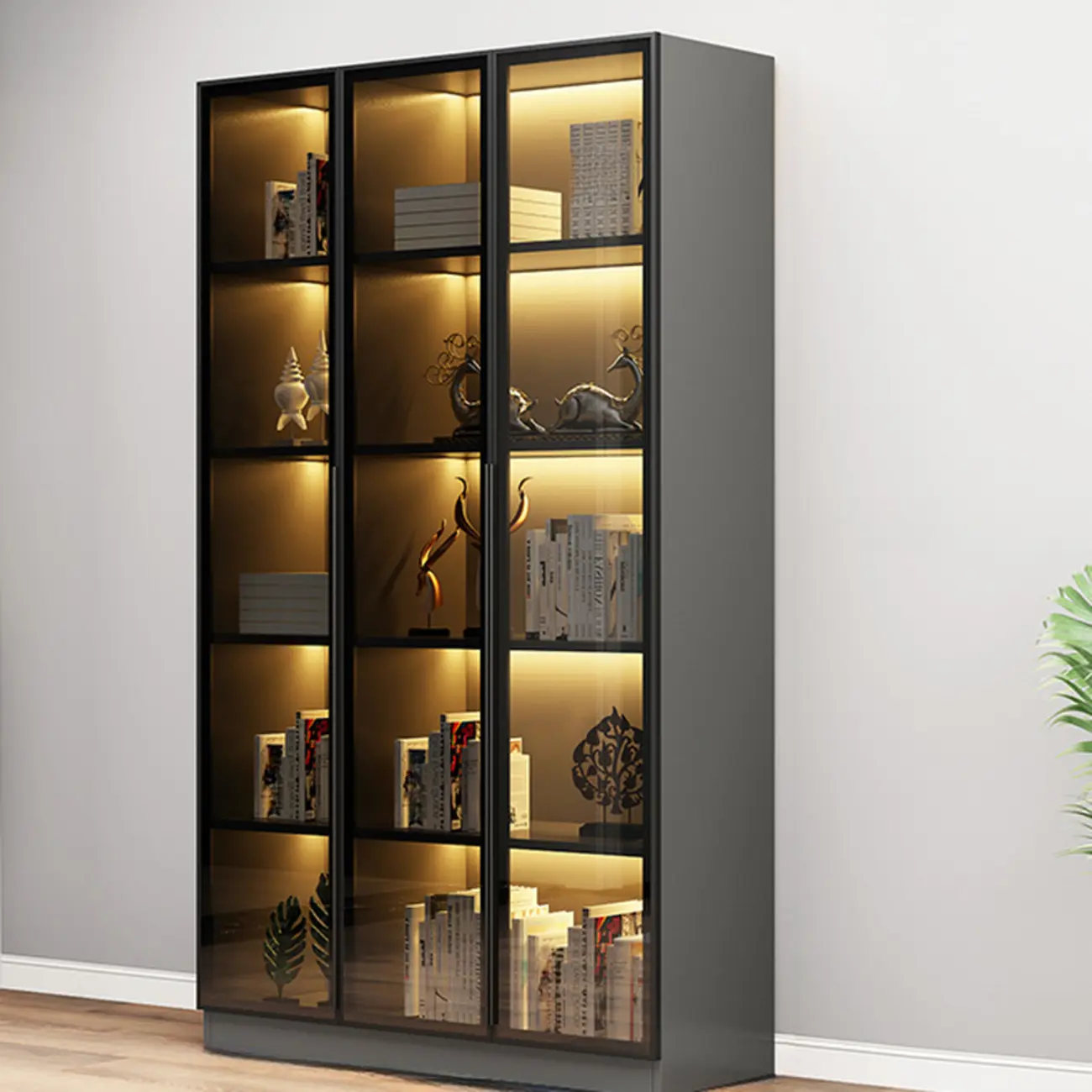 Modern Display Rack Bookshelf with Glass Doors and LED Lighting Image - 5 | homeyfad