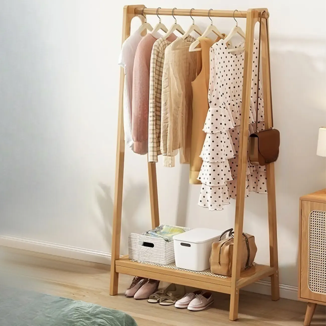 Modern Bamboo Coat Rack with Storage & Shelf Image - 23