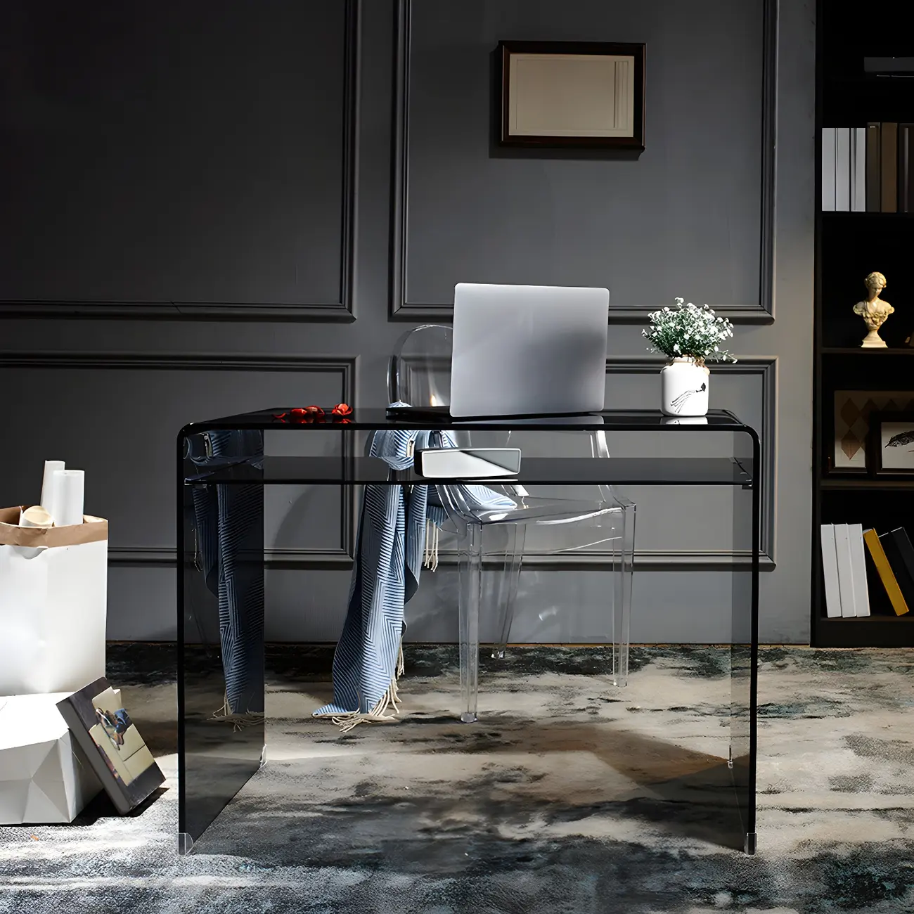 Modern Glass Rectangular Writing Desk in Black & Clear Image - 3 | homeyfad