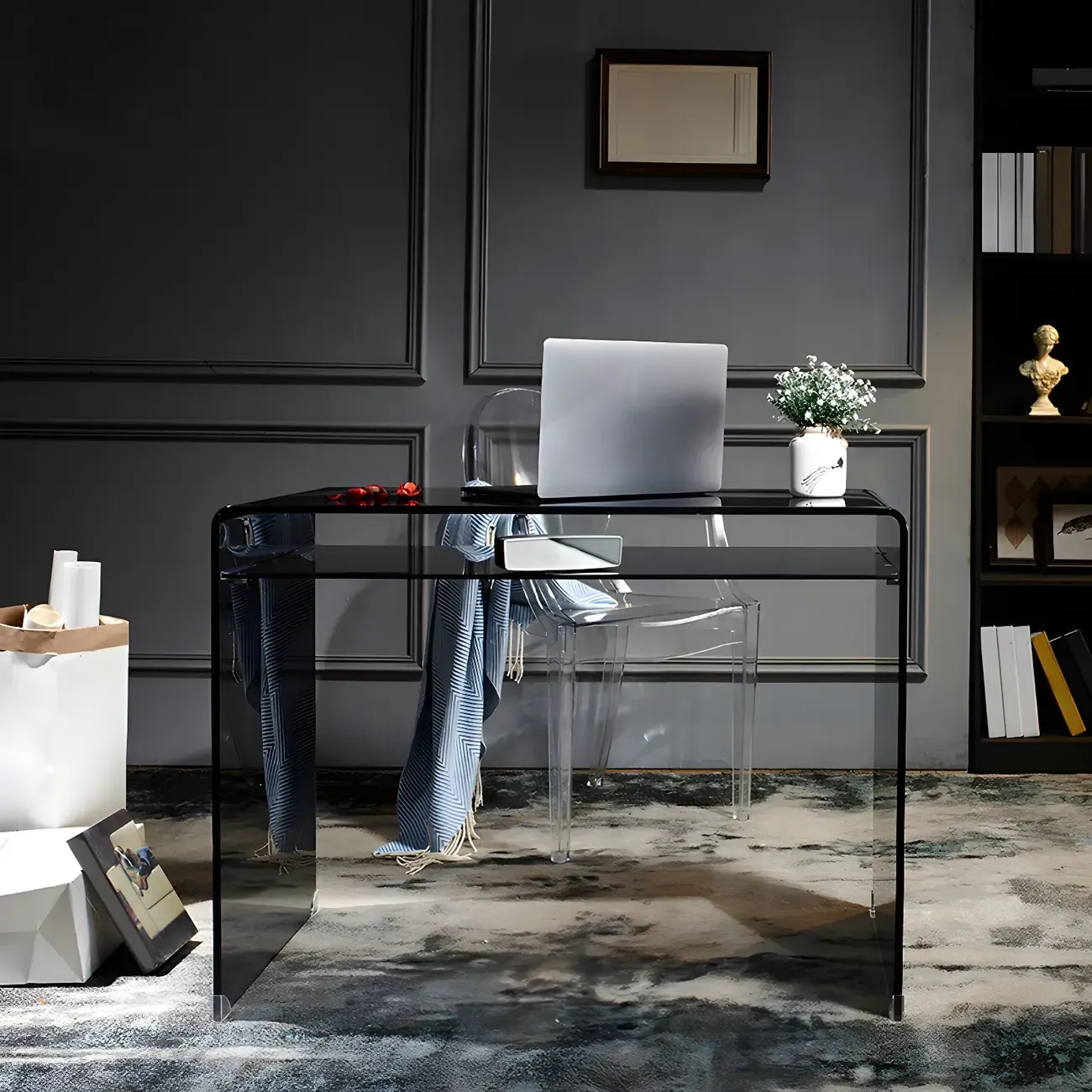 Modern Glass Rectangular Writing Desk in Black & Clear Image - 3