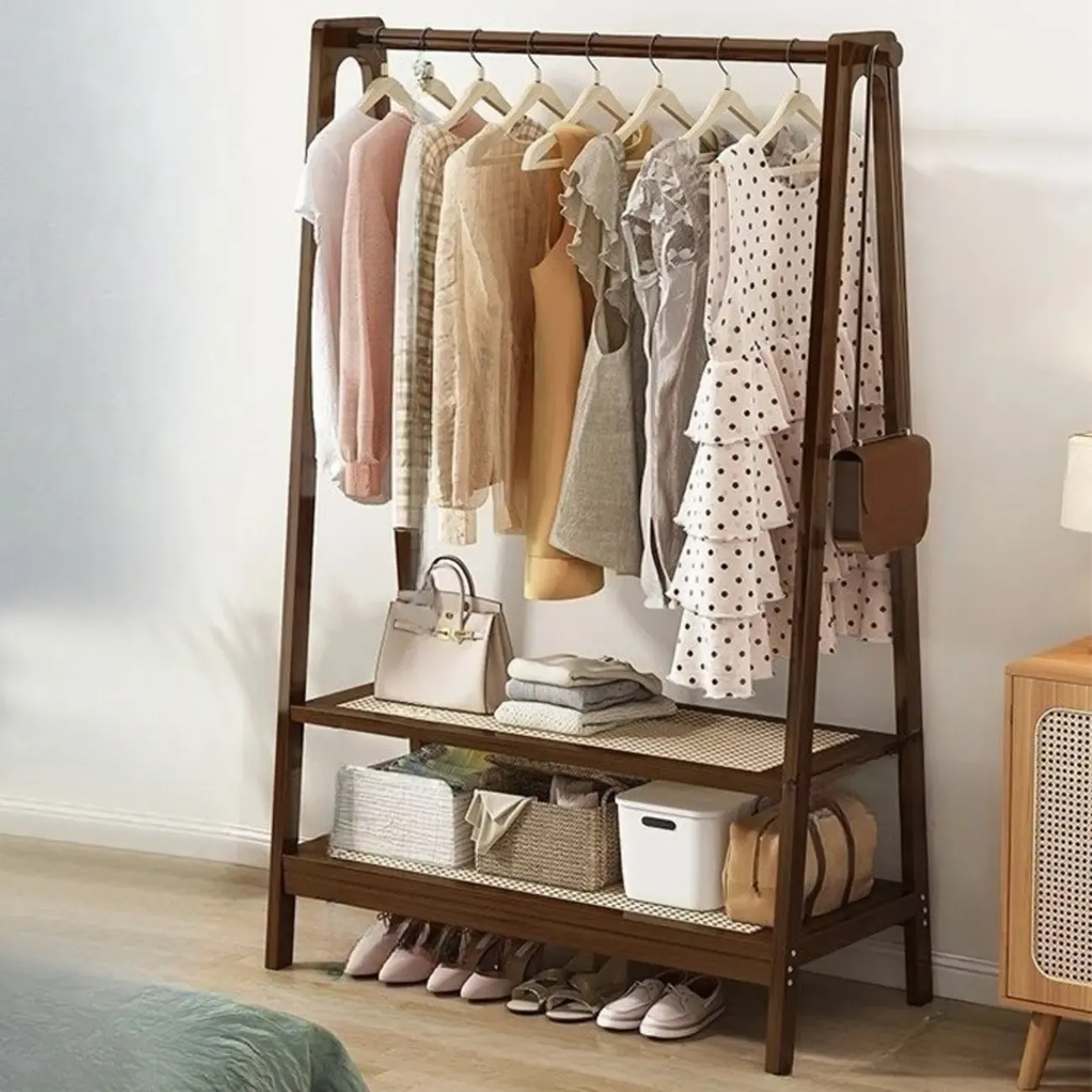 Modern Bamboo Coat Rack with Storage & Shelf Image - 24