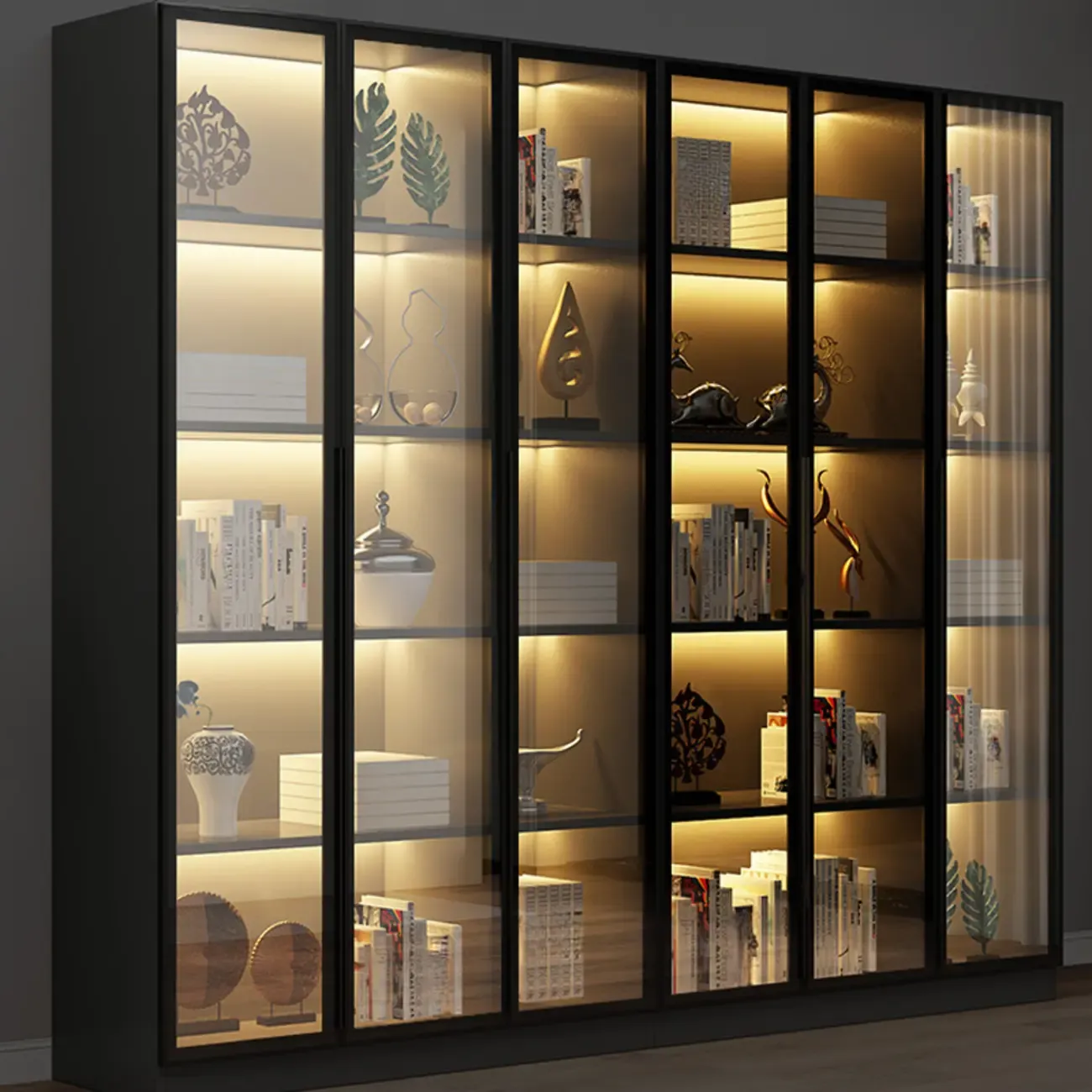 Modern Display Rack Bookshelf with Glass Doors and LED Lighting Image - 7