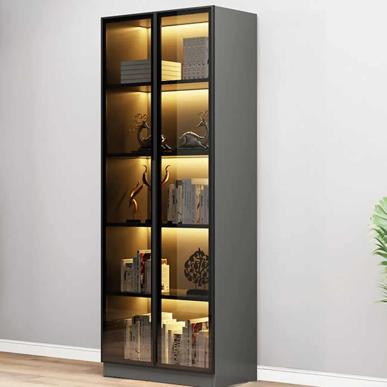Modern Display Rack Bookshelf with Glass Doors and LED Lighting Image - 12