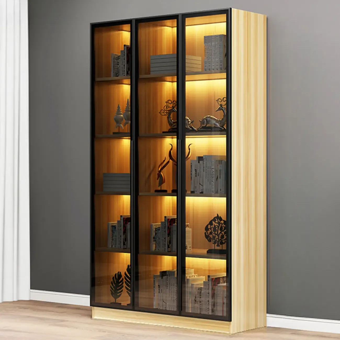 Modern Display Rack Bookshelf with Glass Doors and LED Lighting Image - 14
