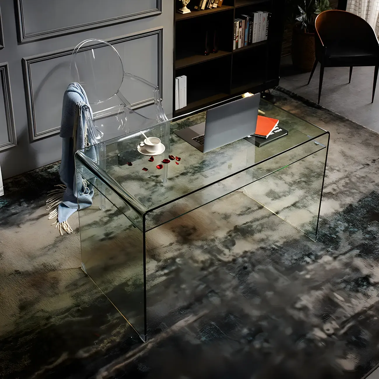 Modern Glass Rectangular Writing Desk in Black & Clear Image - 11