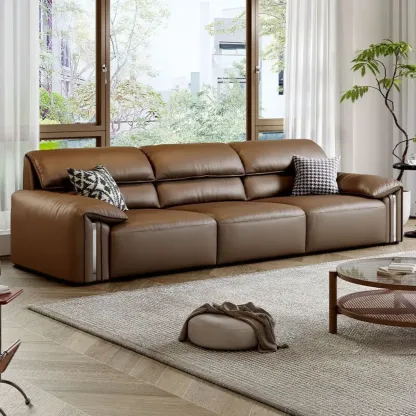 Modern Brown Genuine Leather Upholstery Sofa for Living Room Image - 1