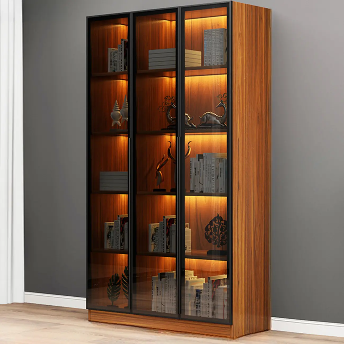 Modern Display Rack Bookshelf with Glass Doors and LED Lighting Image - 16 | homeyfad