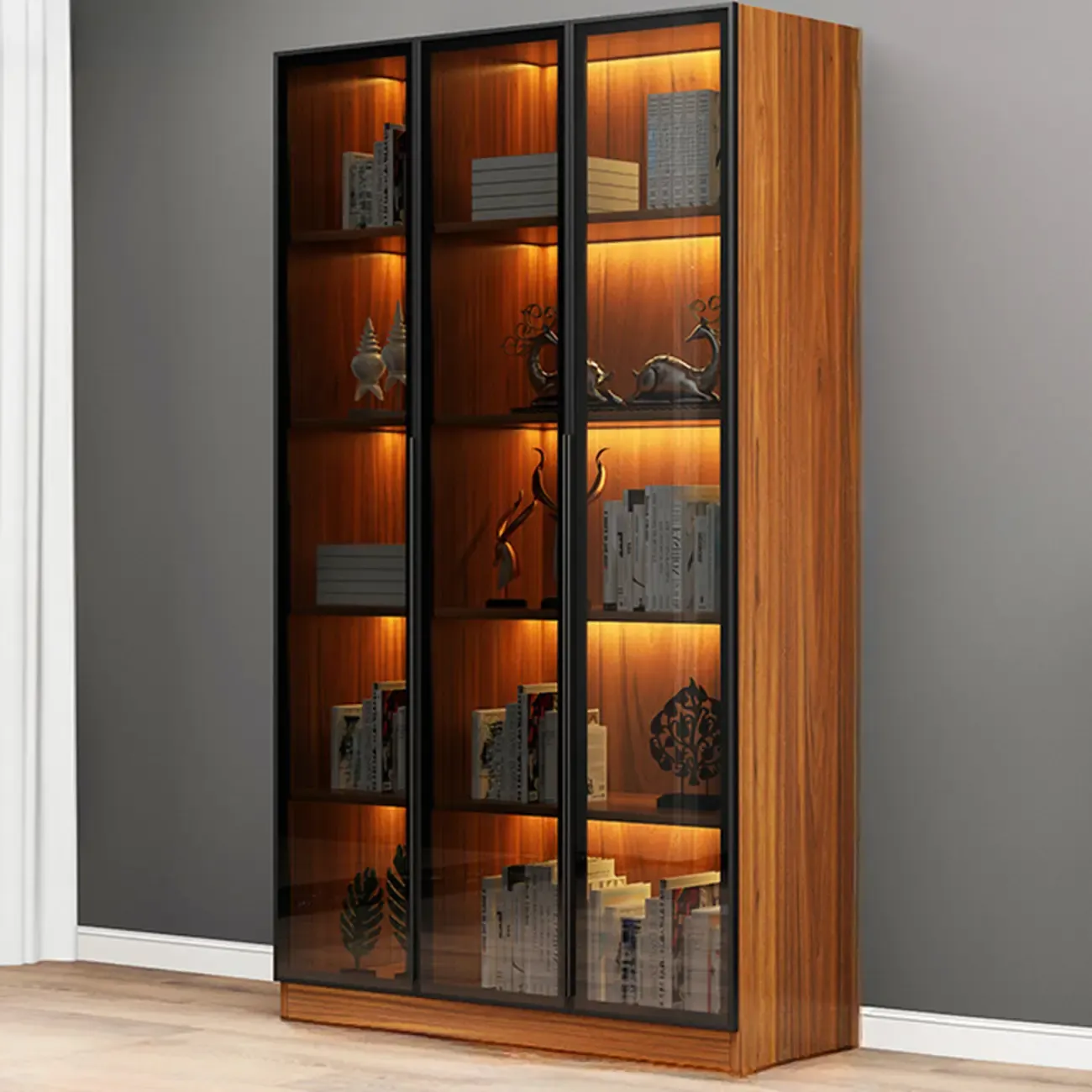 Modern Display Rack Bookshelf with Glass Doors and LED Lighting Image - 16