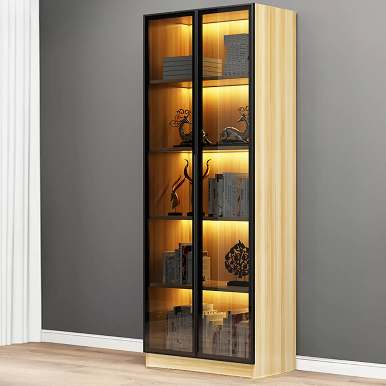 Modern Display Rack Bookshelf with Glass Doors and LED Lighting Image - 17 | homeyfad