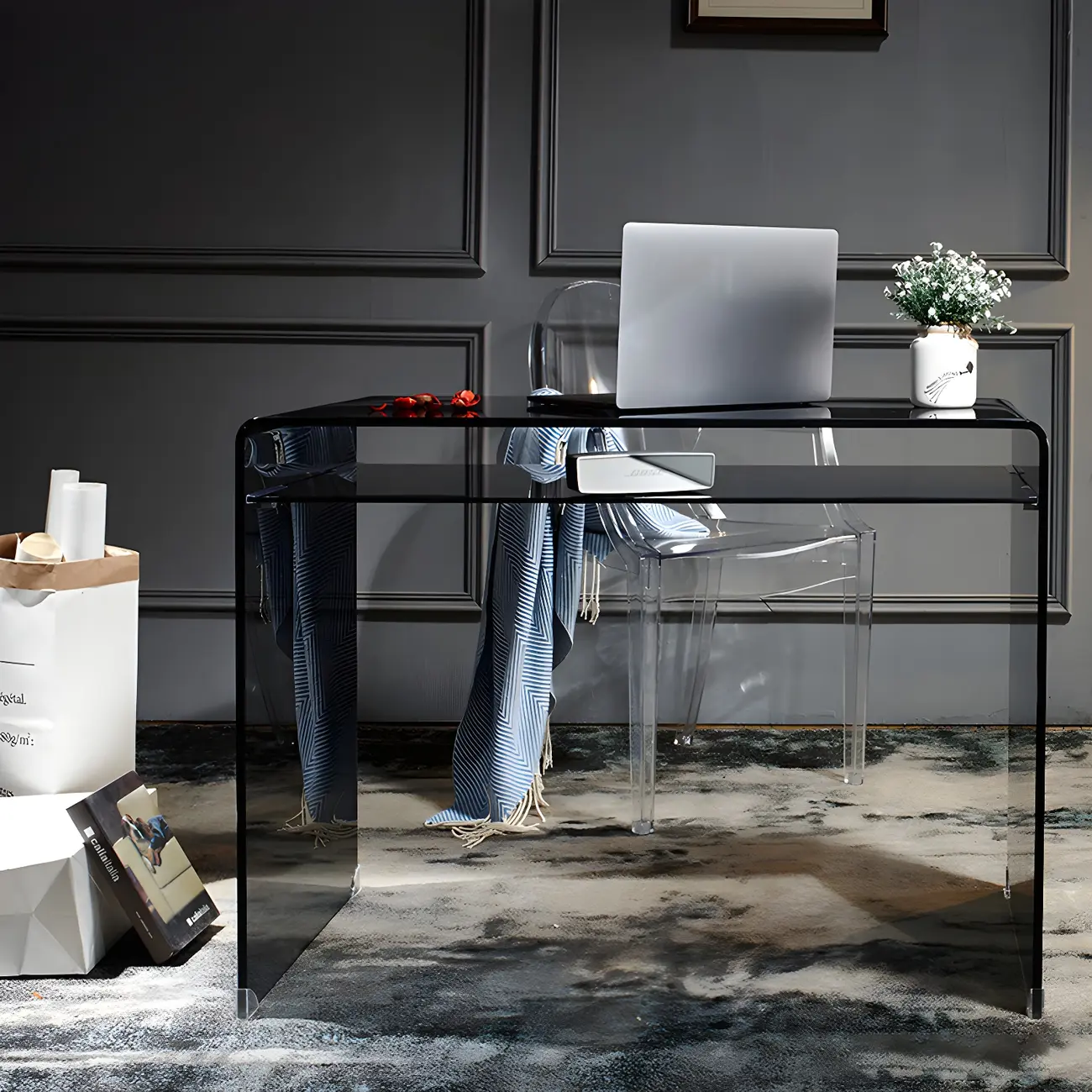 Modern Glass Rectangular Writing Desk in Black & Clear Image - 12 | homeyfad