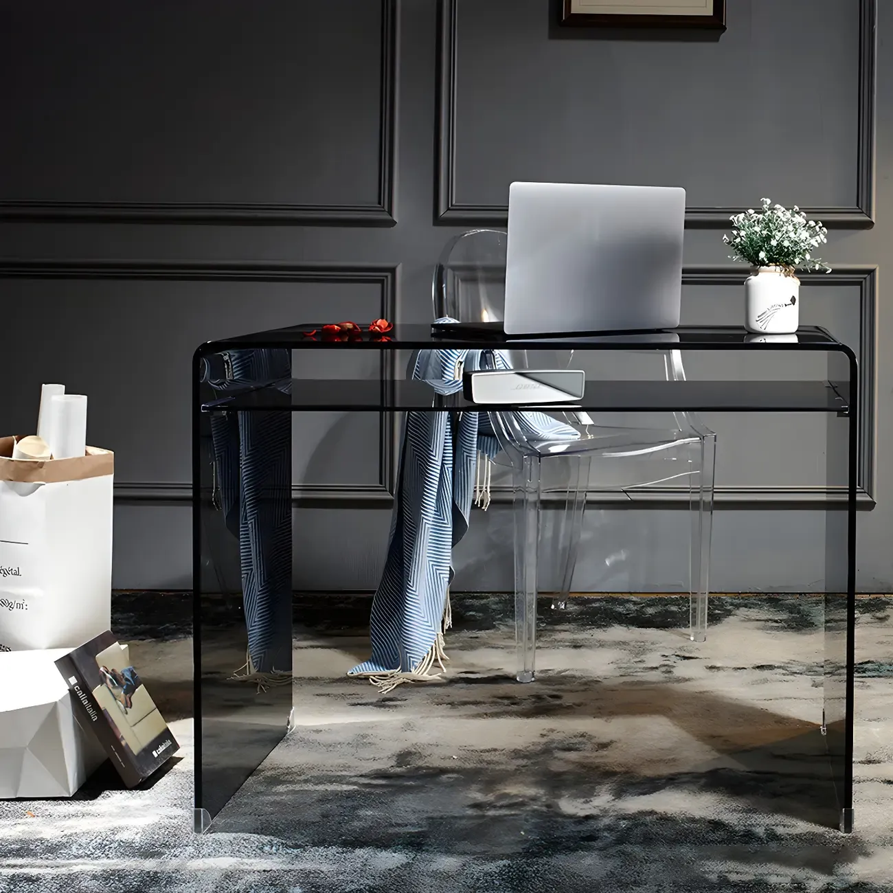 Modern Glass Rectangular Writing Desk in Black & Clear Image - 12