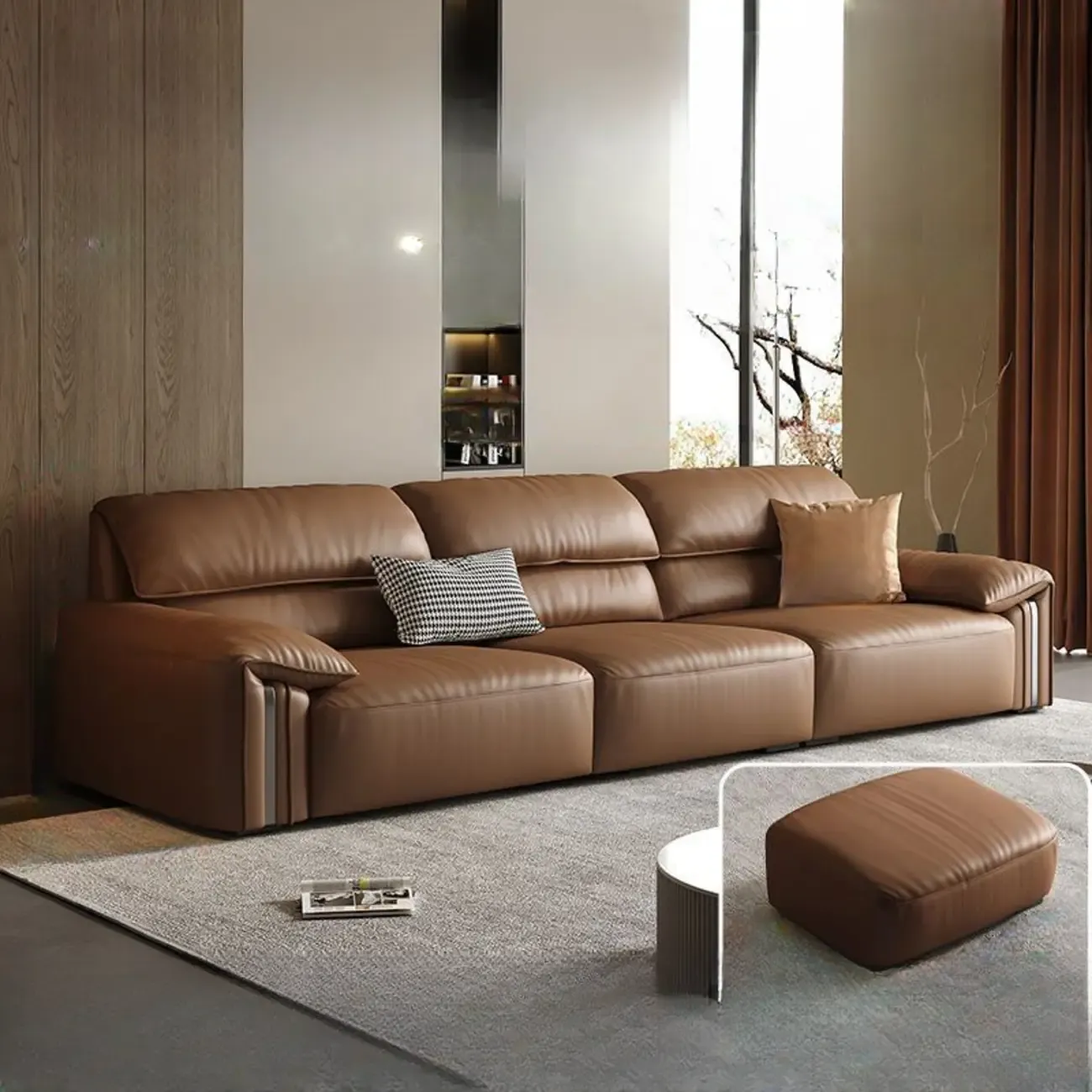Modern Brown Genuine Leather Upholstery Sofa for Living Room Image - 2