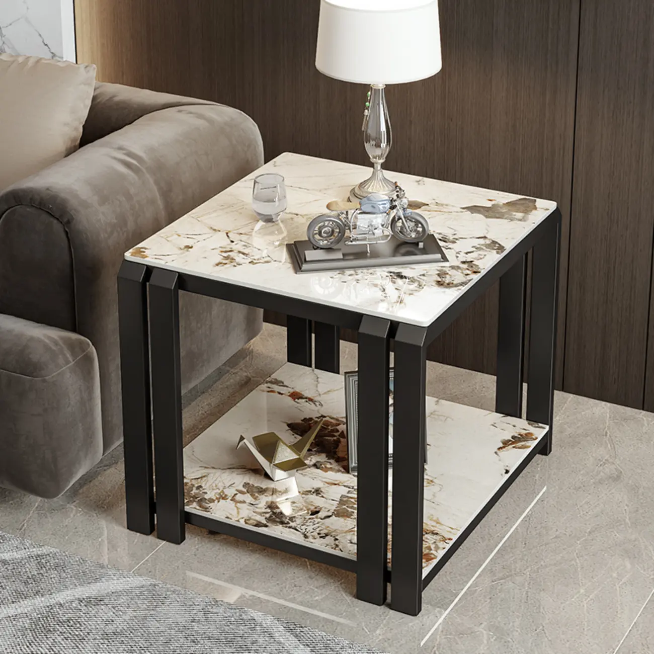 Casual 2-tier Square Sintered Stone Top Side Table Image - 2 | homeyfad