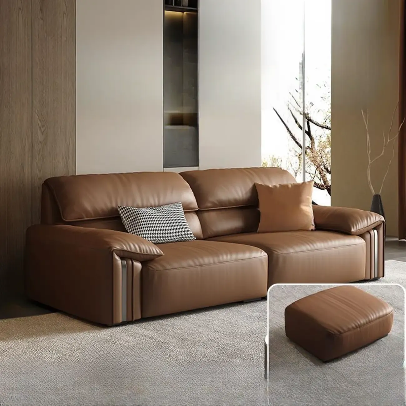 Modern Brown Genuine Leather Upholstery Sofa for Living Room Image - 3