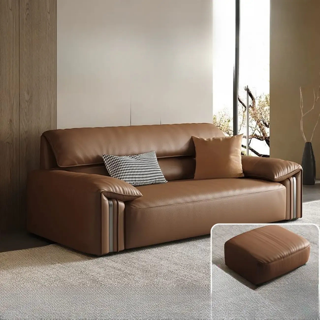 Modern Brown Genuine Leather Upholstery Sofa for Living Room Image - 4