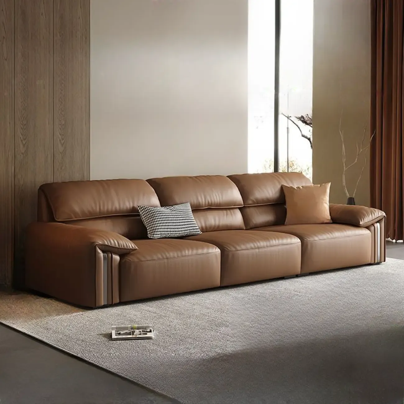 Modern Brown Genuine Leather Upholstery Sofa for Living Room Image - 7