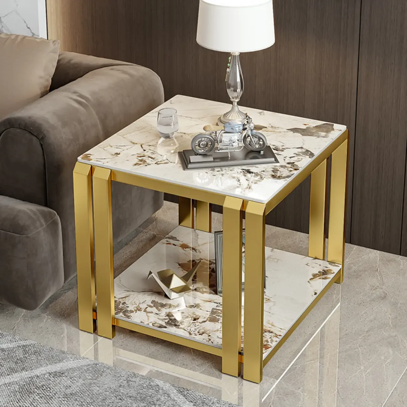 Casual 2-tier Square Sintered Stone Top Side Table Image - 8