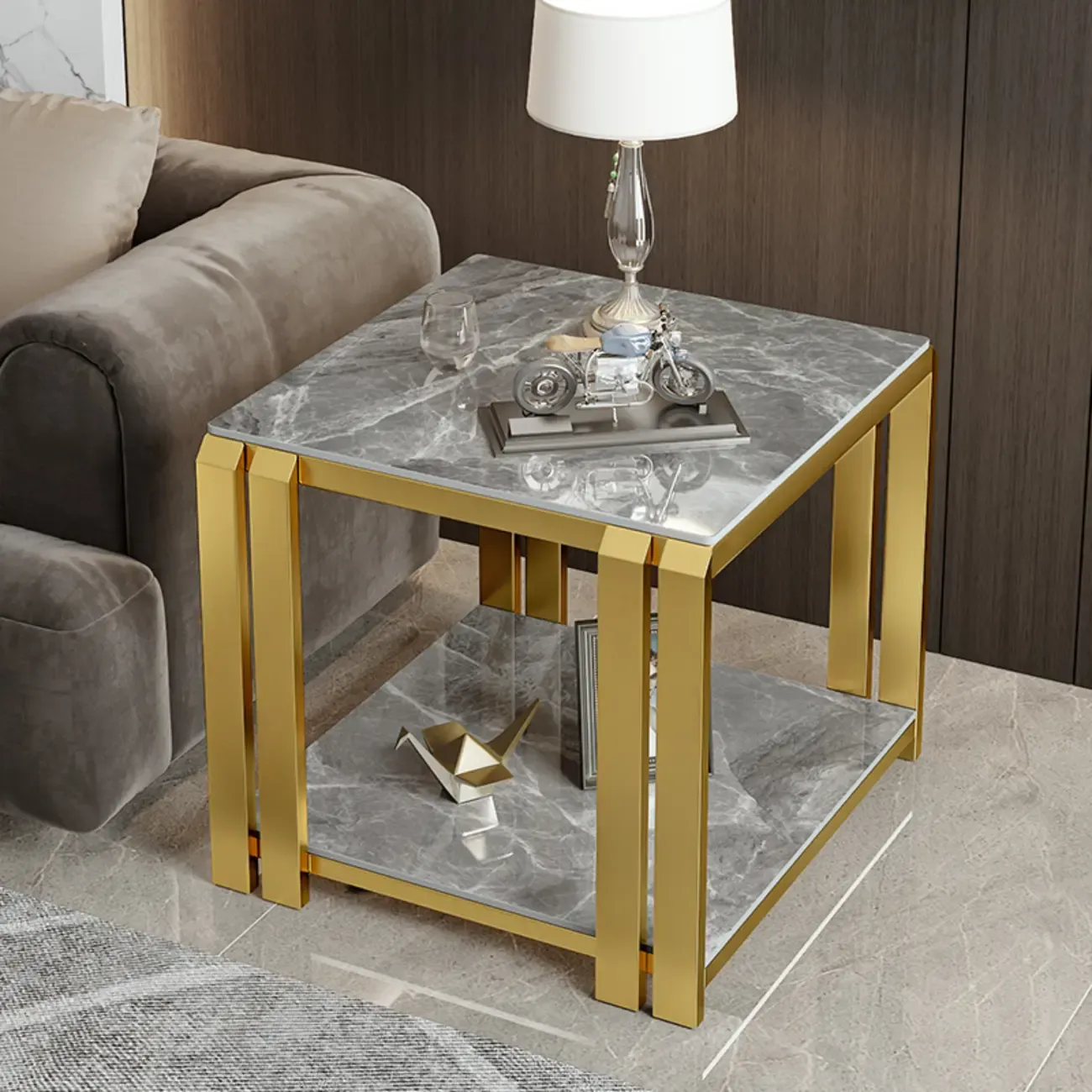 Casual 2-tier Square Sintered Stone Top Side Table Image - 9