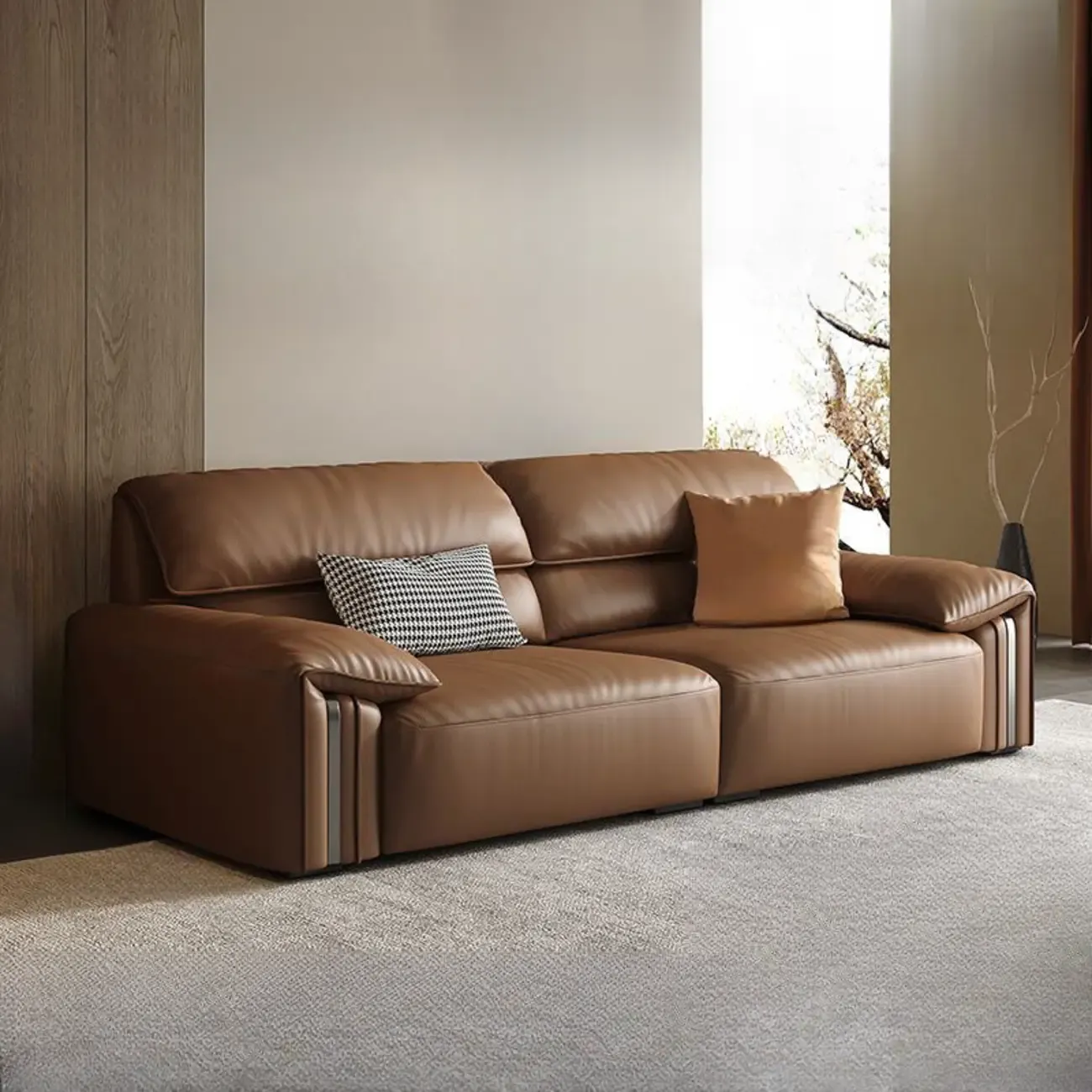 Modern Brown Genuine Leather Upholstery Sofa for Living Room Image - 9