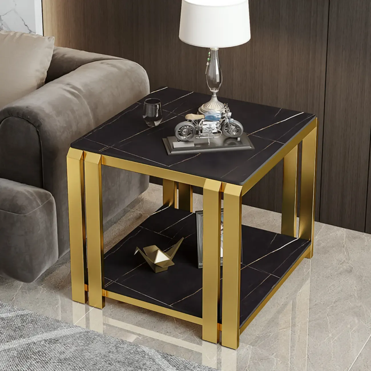 Casual 2-tier Square Sintered Stone Top Side Table Image - 10