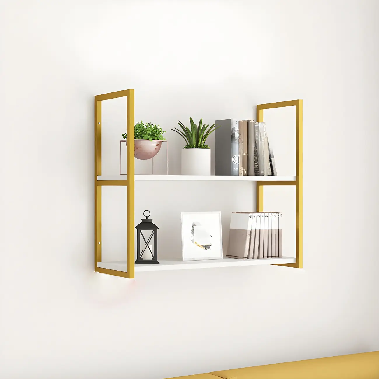 Modern Wall-Mounted Bookcase White Gold Display Shelf Image - 1 | homeyfad