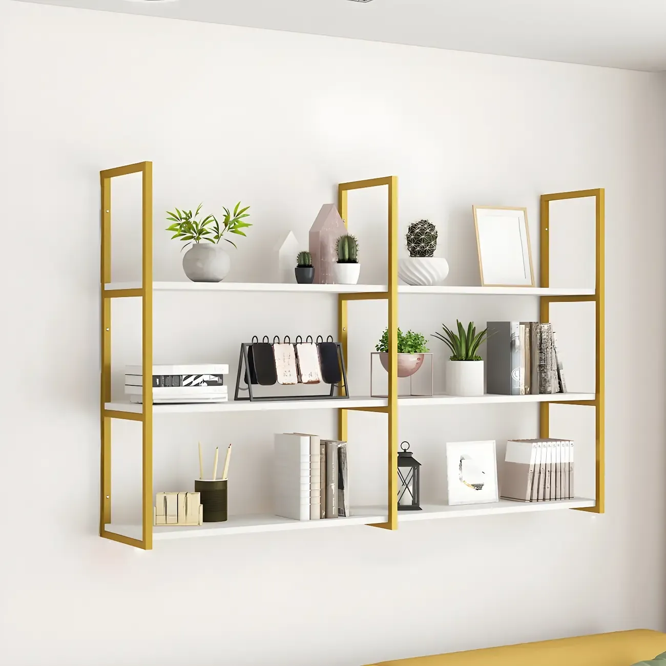 Modern Floating Bookshelf White Display Shelf Gold Frame Image - 2