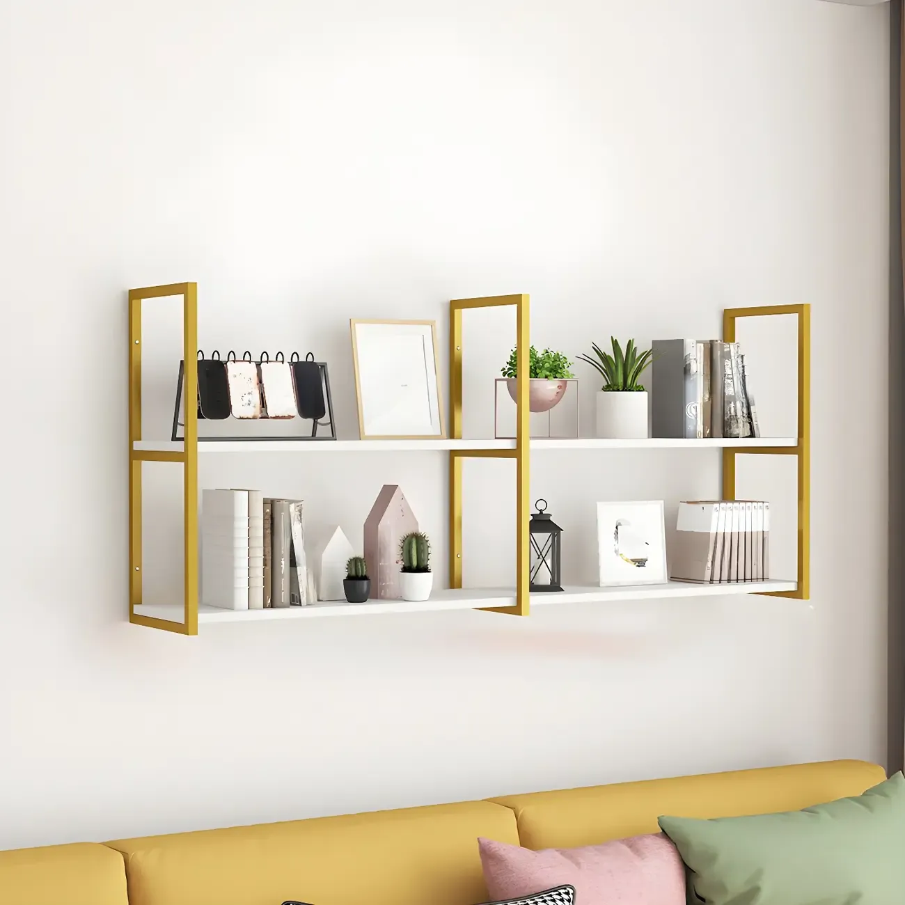Modern Floating Bookshelf White Display Shelf Gold Frame Image - 3