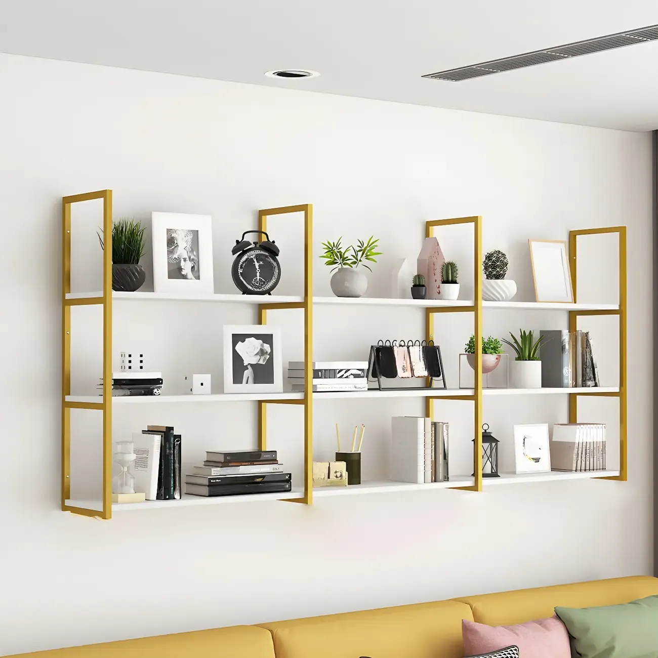 Modern Floating Bookshelf White Display Shelf Gold Frame Image - 4